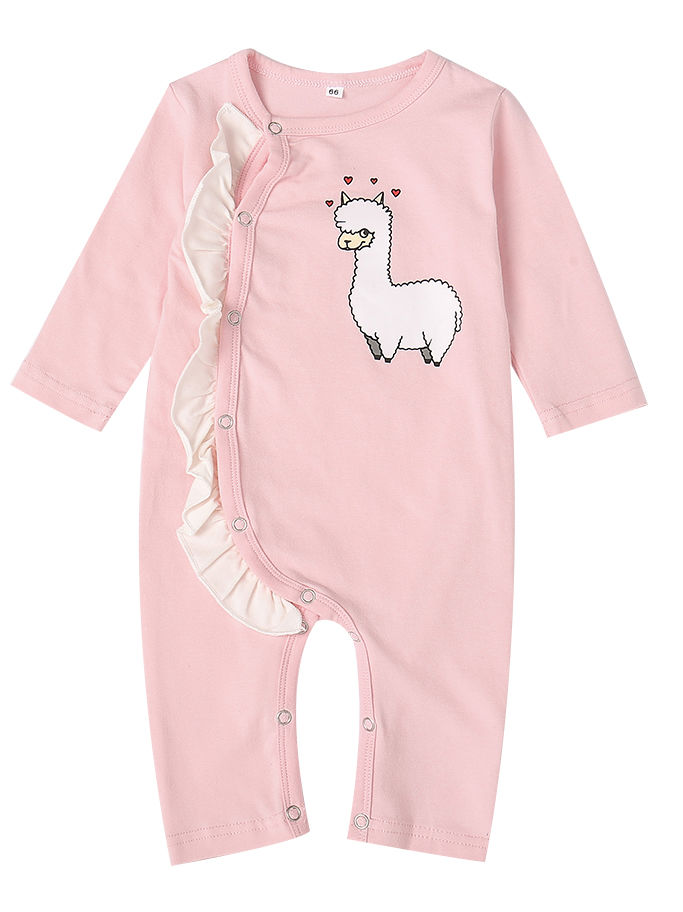 kiskissing wholesale spring pink frilled sheep print baby girl sleepsuit overalls