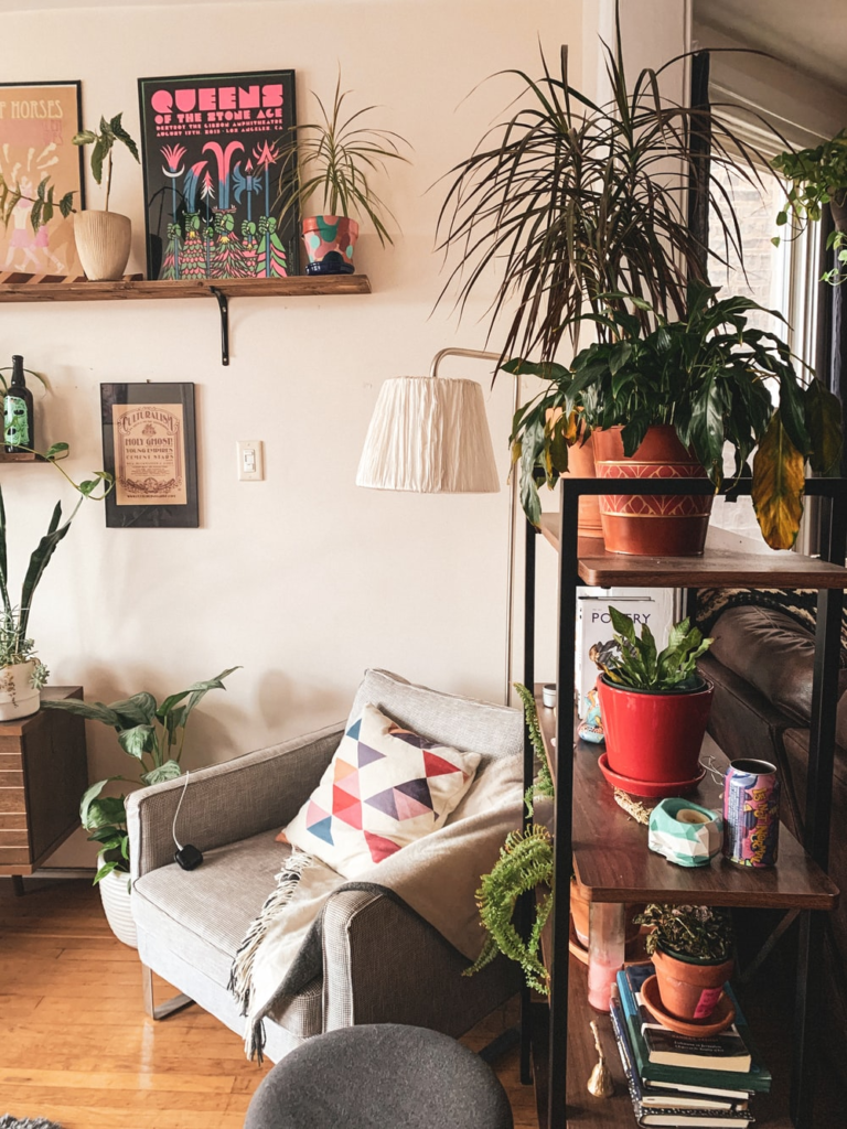 Reading corner in an apartment with loads of indoor plants