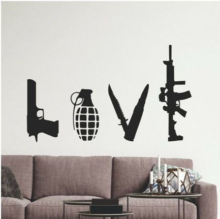 Banksy style love weapons wall art sticker for living room