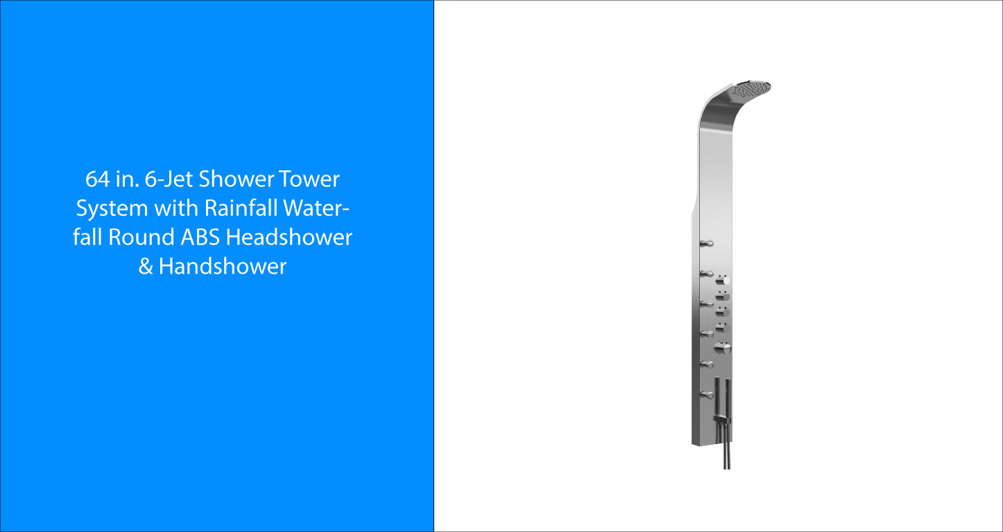 64 in. 6-Jet Shower Tower System with Rainfall Waterfall Round ABS Headshower & Handshower