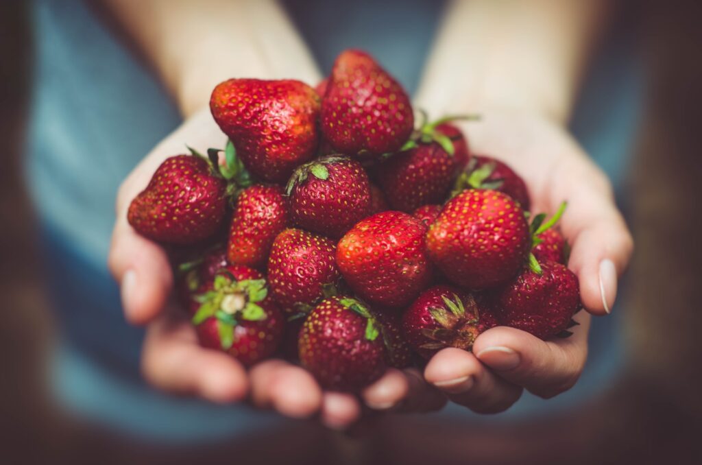 A person holding fresh strawberries