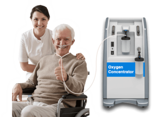 An Old man using an oxygen concentrator with the help of a nurse