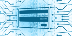 A bank card floating against a backdrop of circuits