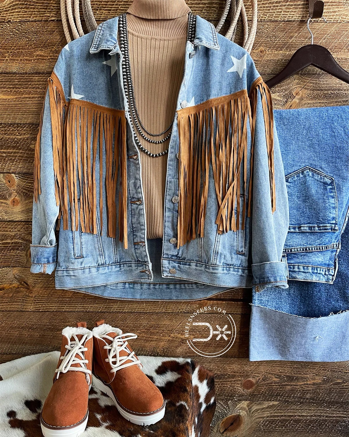 A Denim Jacket with a White Tank Top and Jeans