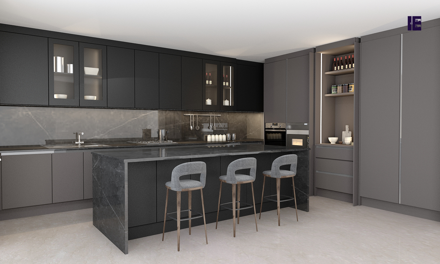 Handleless Black Grey Kitchen With Quartz Worktop in Onyx Grey Black Finish