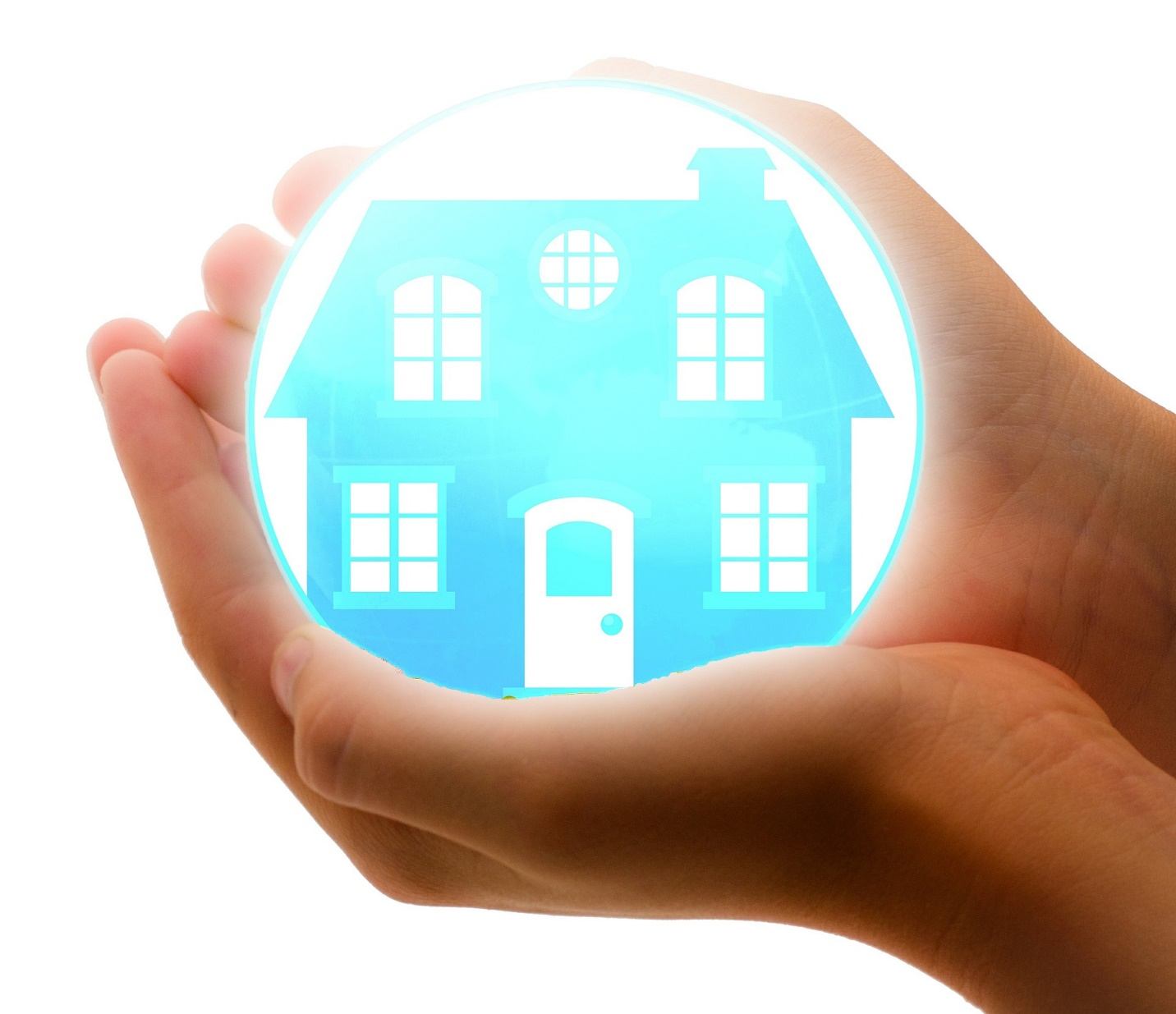 illustration of two hands holding a house surrounded by a bubble