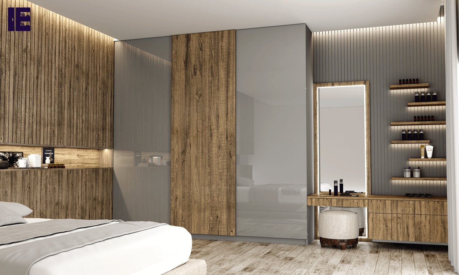 Wooden Gloss Sliding Wardrobes with Dressing unit