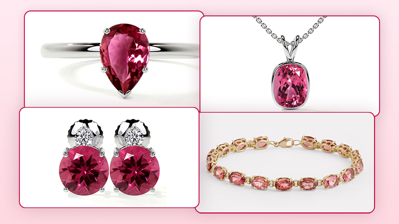 make a collage of different pink tourmaline jewelry
