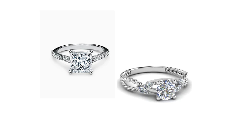 Princess cut, nature-inspired, halo of colorful diamond ring in a composite picture