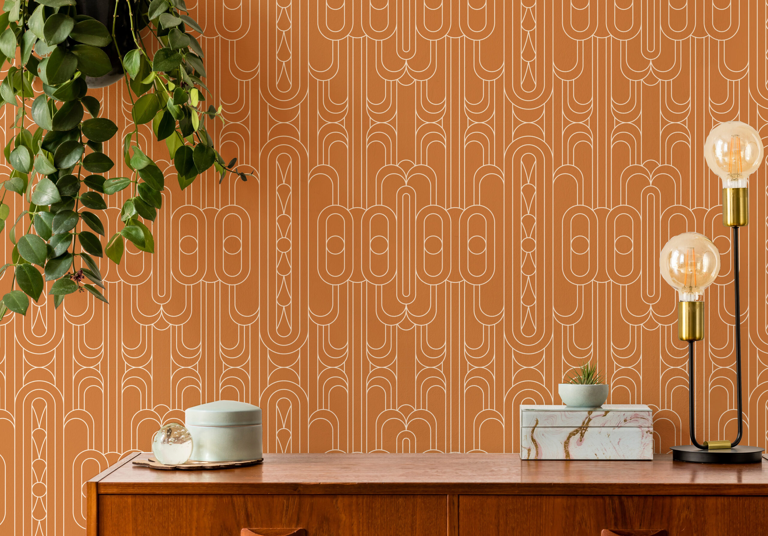 orange color art deco minimal white linear wallpaper for walls