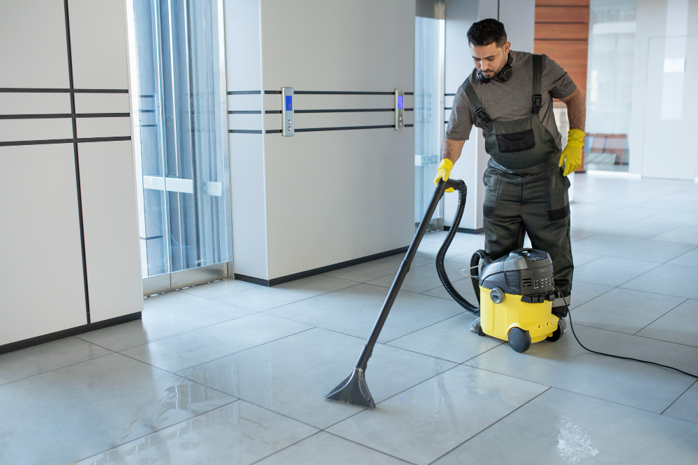 A professional cleaner using a vacuum to clean a carpeted floor