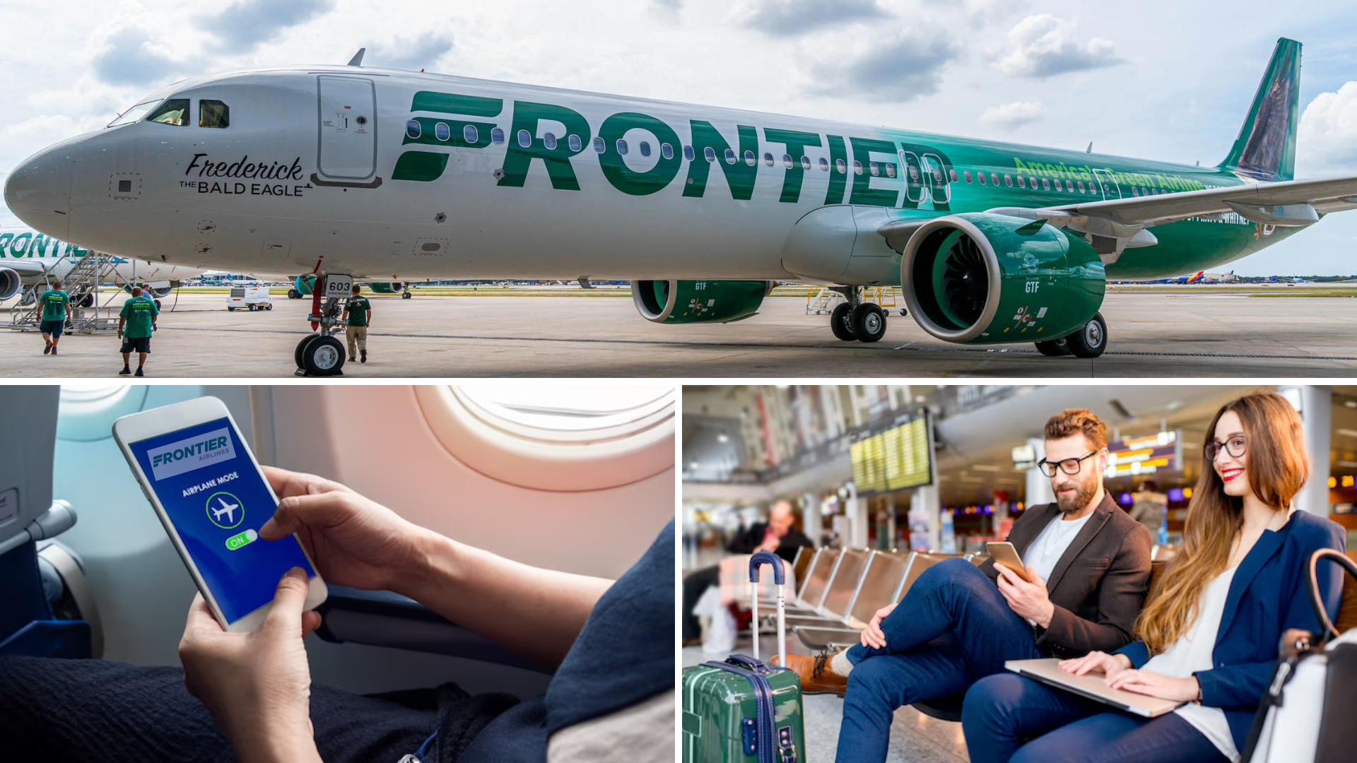 Image of an airplane soaring through a clear blue sky, representing the freedom and affordability of flying with Frontier Airlines.