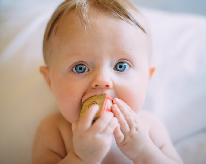 A baby chewing a toy