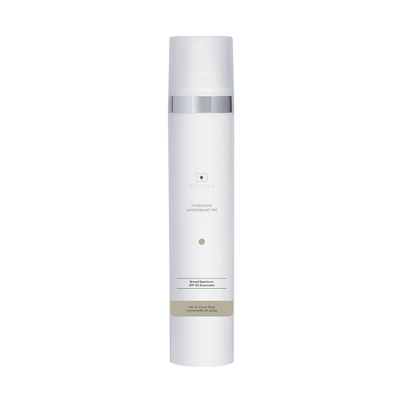 A white cylindrical bottle of Hydrating Antioxidant SPF Broad Spectrum with silver detailing by AfyaDerm where you can find the perfect skincare match.
