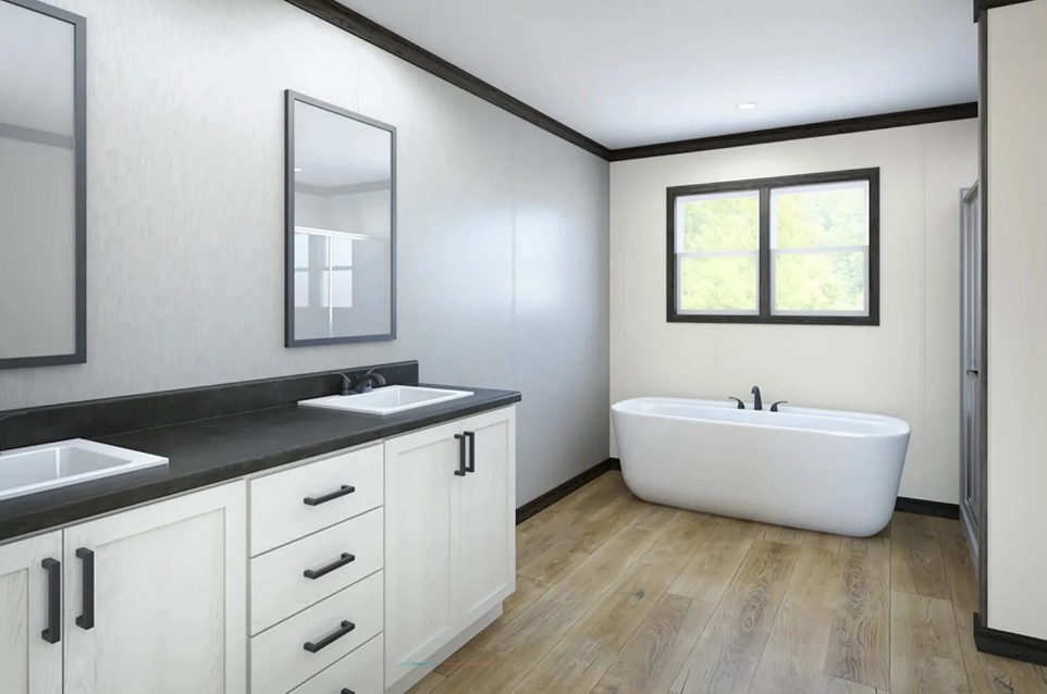 a stunning minimalist bathroom in a modular home