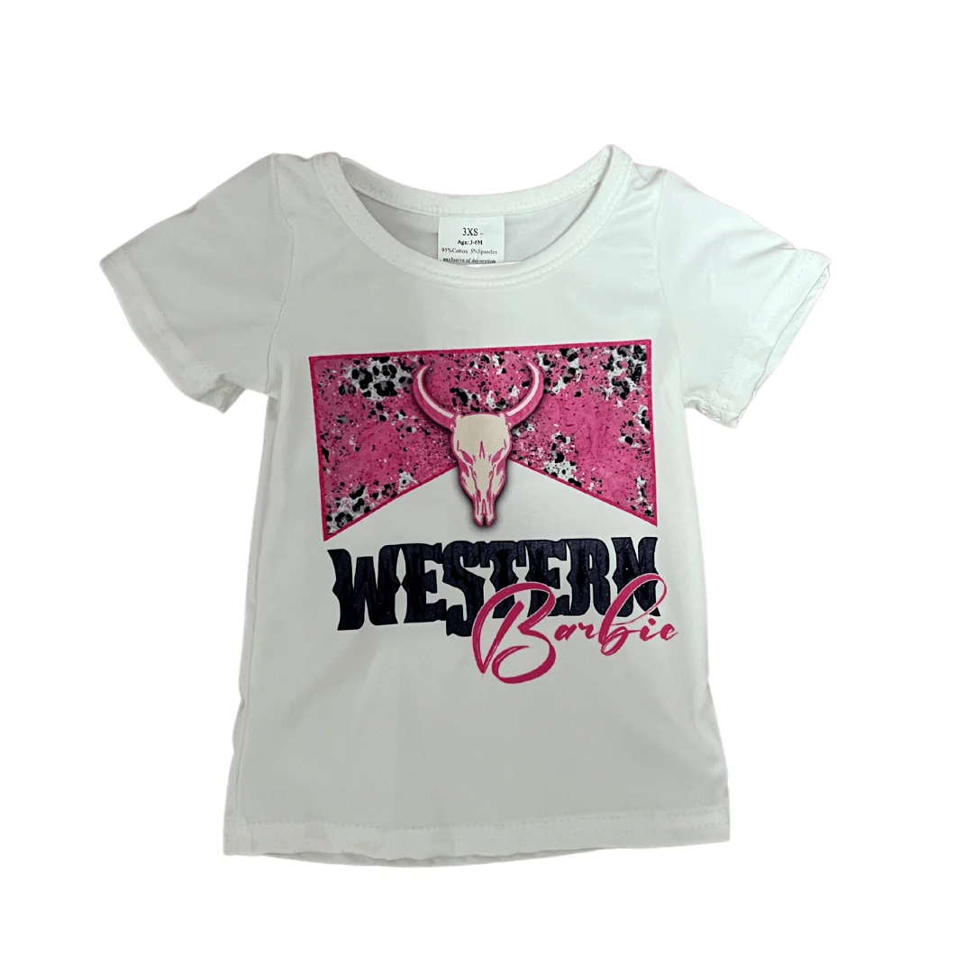 Western Barbie shirt with bold pink western lettering, displayed on a clean background, perfect for a modern cowgirl look.